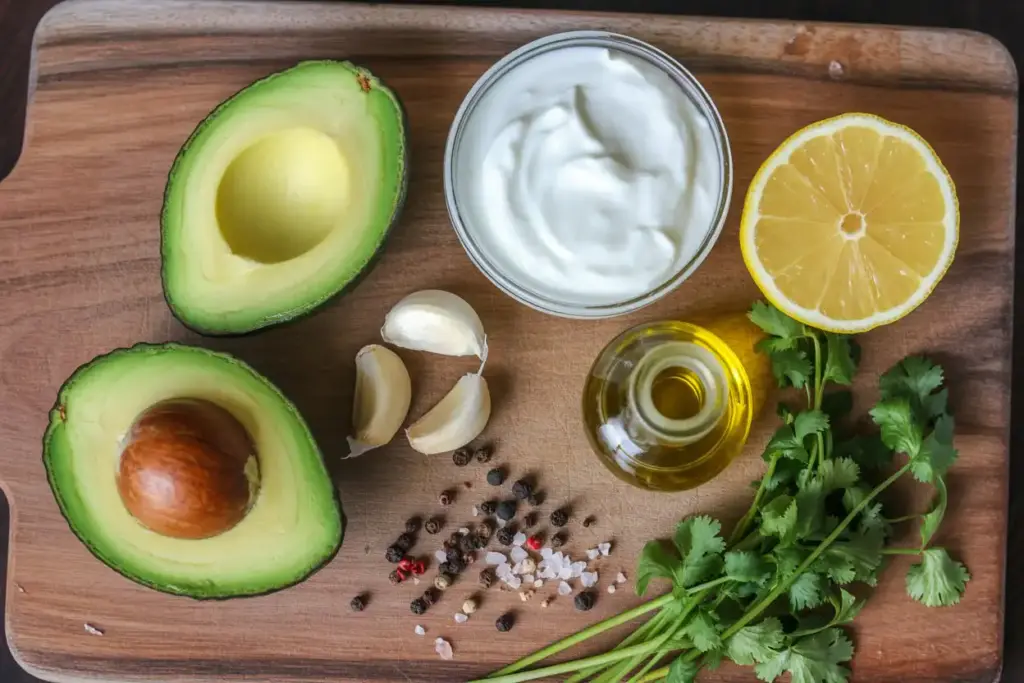 creamy avocado dip ingredients arranged