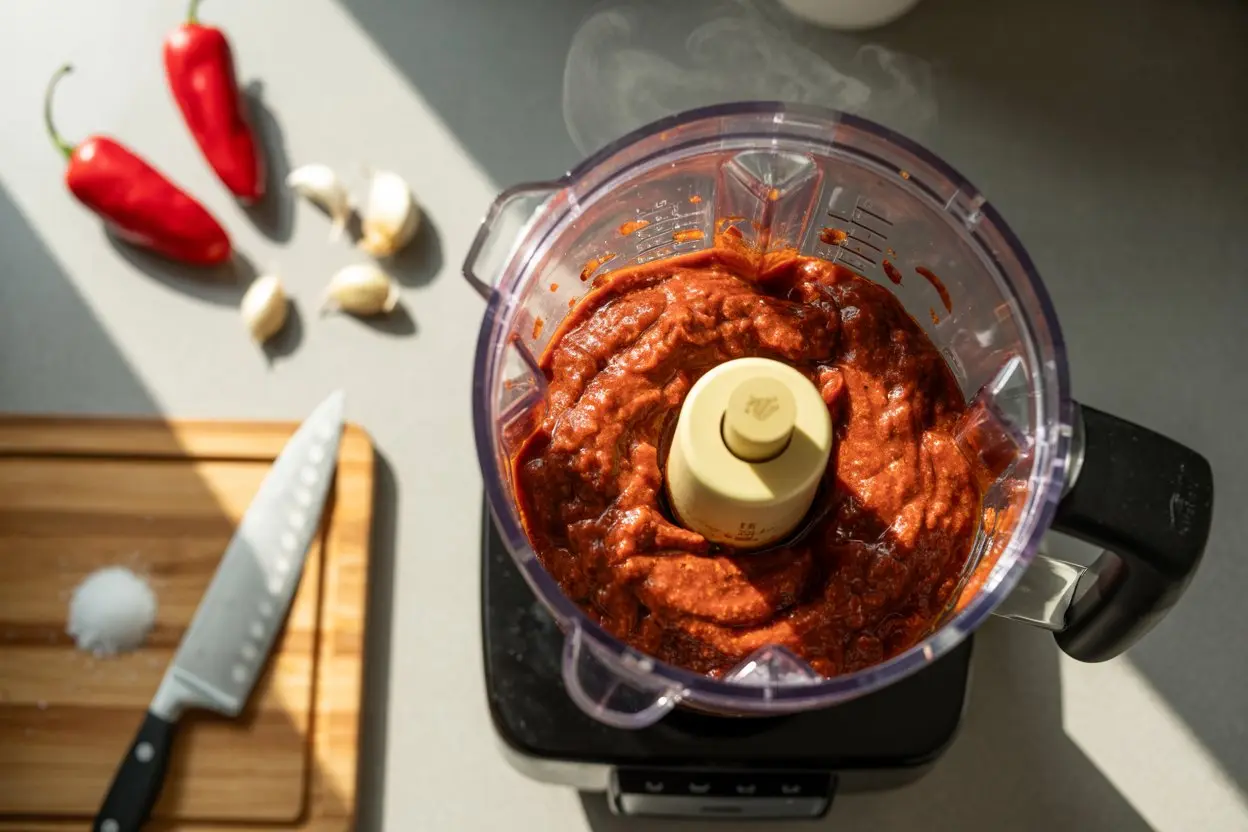 High speed blender pureeing red chilies, garlic, and vinegar into a smooth sriracha base
