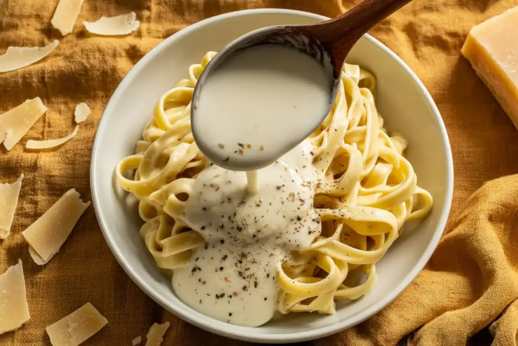 Close-up of creamy garlic parmesan sauce being spooned over a bowl of fettuccine