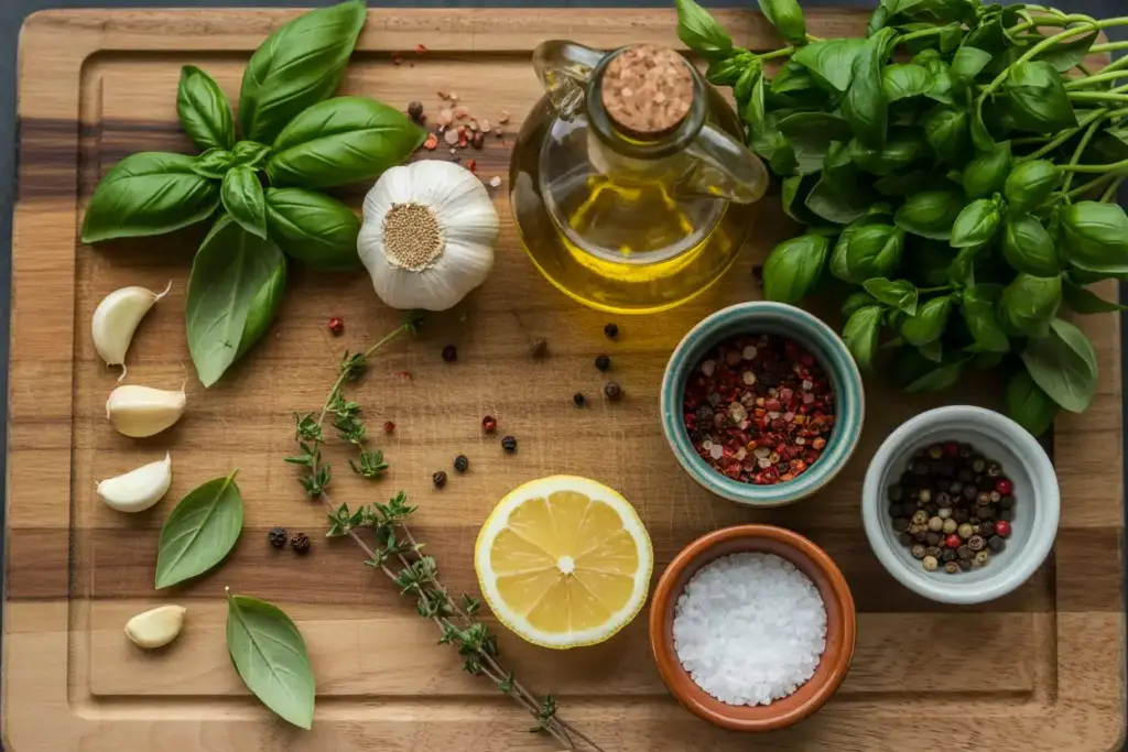 Fresh ingredients for 5-min Garlic Herb Oil