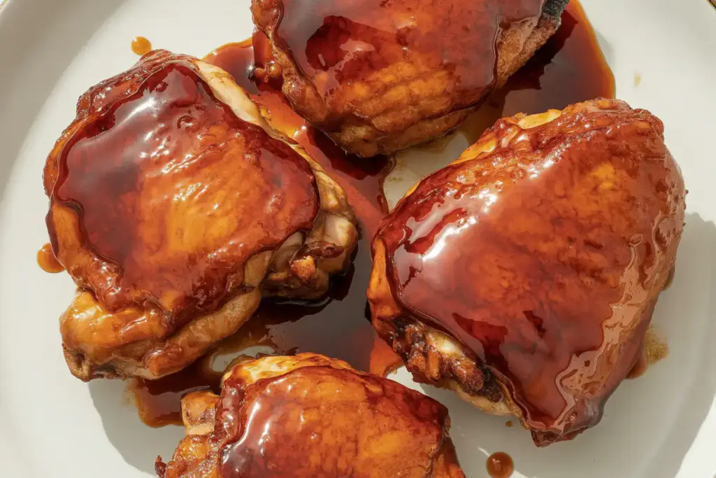 Glazed chicken thighs with brushed shiny honey BBQ glaze