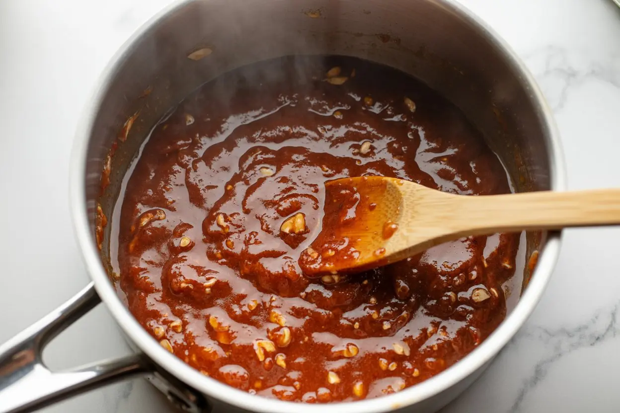 Simmering sriracha sauce in a saucepan on the stove as it thickens to a glossy consistency