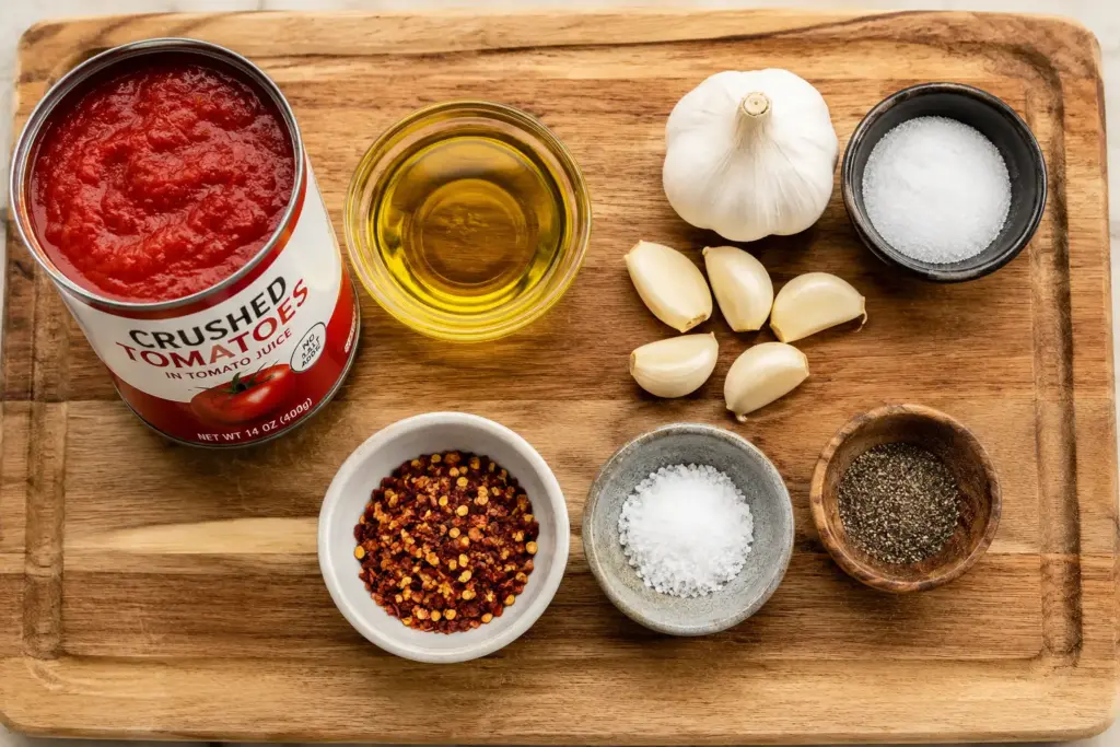 Warm kitchen prep with 5 Minute Tomato Sauce ingredients 