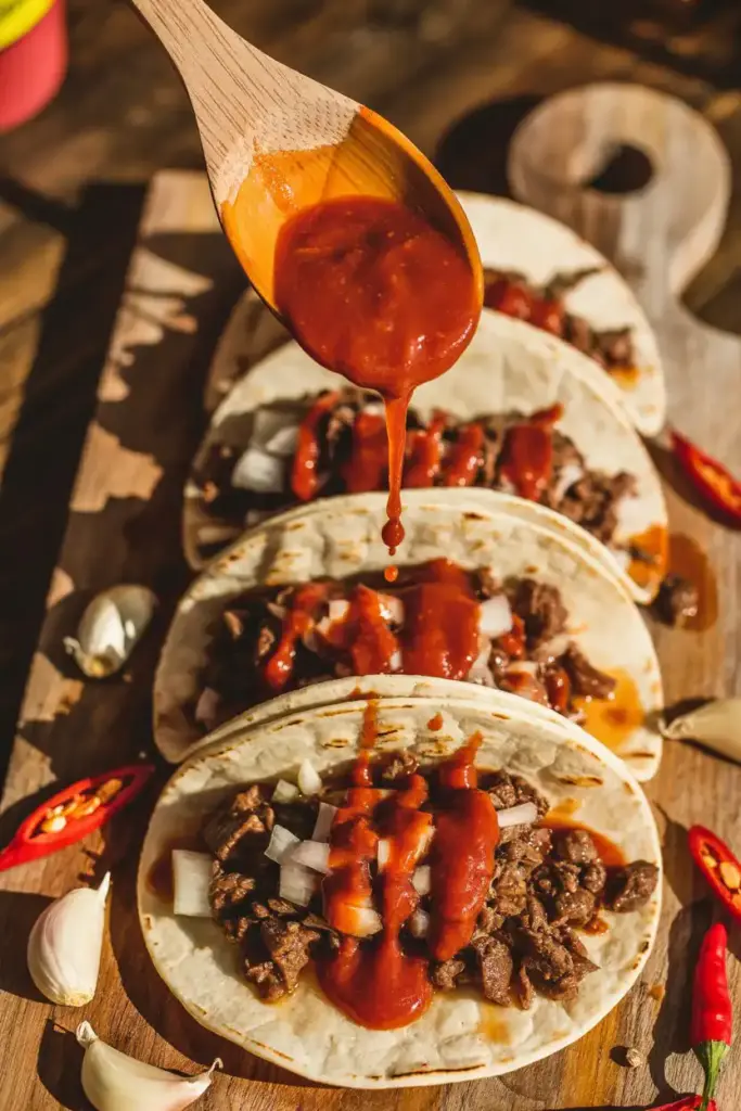 homemade sriracha sauce drizzling over beef tacos 