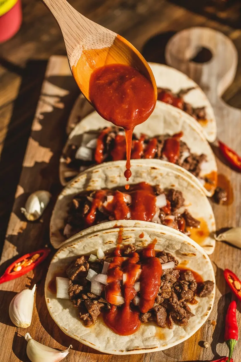Homemade sriracha sauce drizzling from a bottle over street-style beef tacos with fresh cilantro