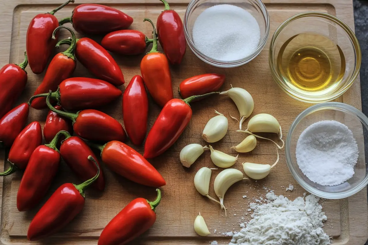 Fresh red Fresno chilies, whole garlic cloves, cane sugar, sea salt, and distilled vinegar for homemade sriracha sauce