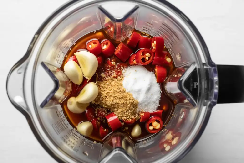  Blender filled with Ingredients of homemade hot sauce