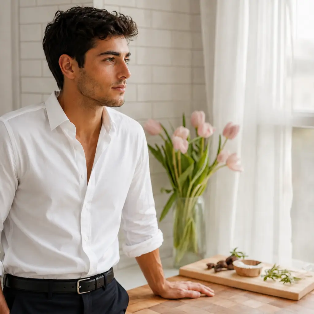 Chef Zaid in contemplative moment in a serene kitchen