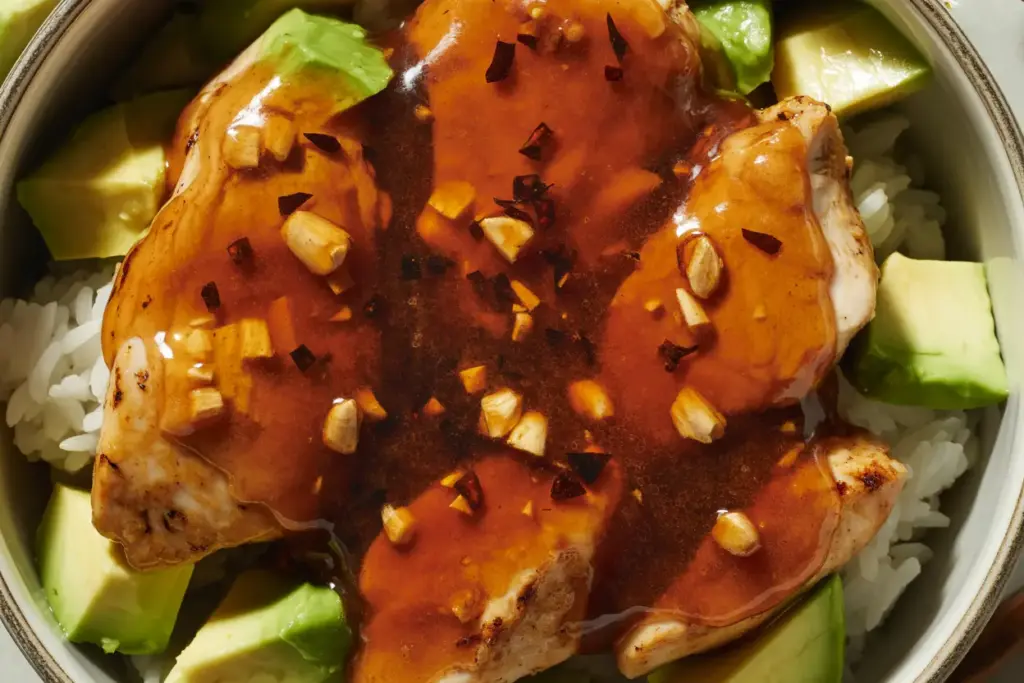 Honey Chipotle Glaze drizzle over chicken, avocado and rice bowl