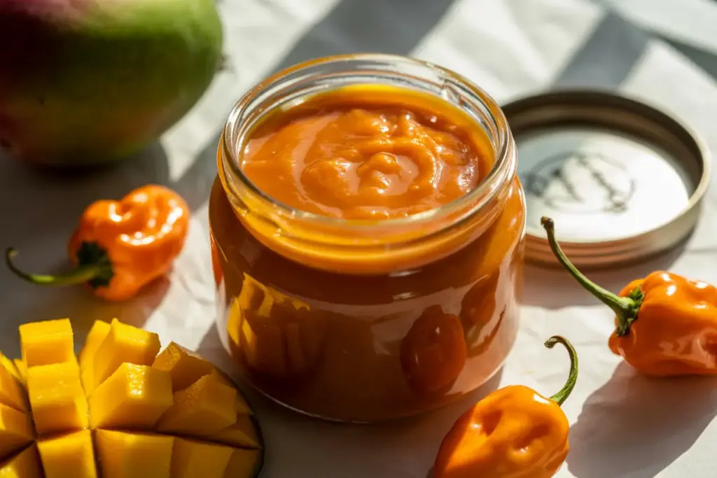 Stored spicy mango habanero sauce