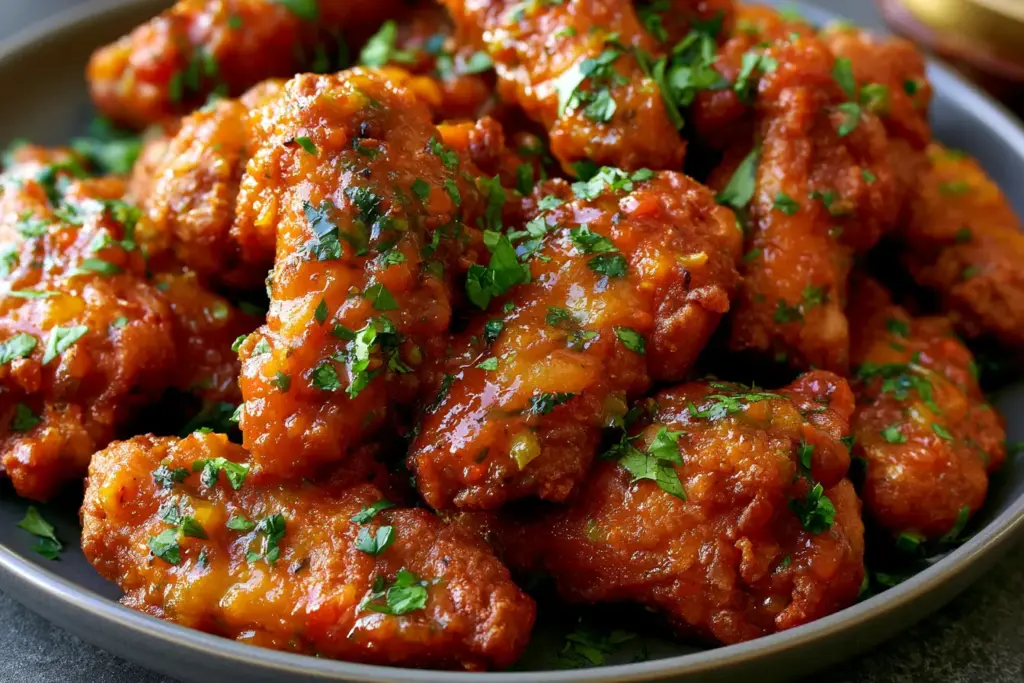 Tossed crispy fried wings in a spicy mango habanero sauce