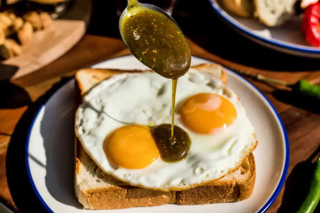  Close-up of hot sauce being drizzled over sunny-side-up eggs on sourdough toast